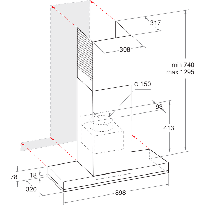 Bauknecht-Dunstabzugshauben-Einbaugerat-BHSS-90F-L-T-B-K-Schwarz-Wandmontage-Elektronisch-Technical-drawing