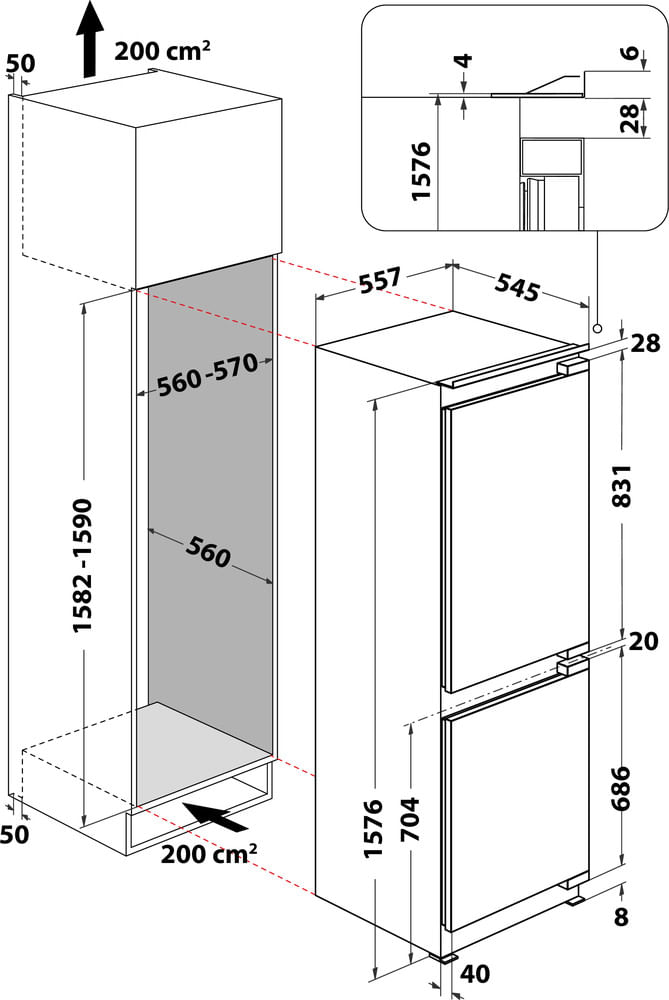 Bauknecht Kühl- / Gefrierkombination Einbaugerät KGIS 16F2 P Weiss 2 doors Technical drawing