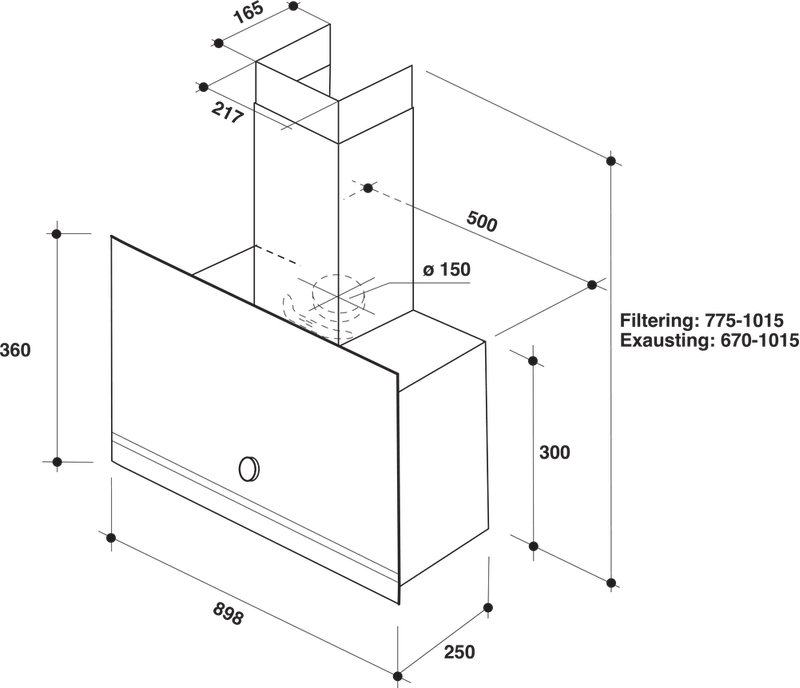 Bauknecht Dunstabzugshauben Einbaugerät DBHVA 92F LM K Schwarz Standgerät Mechanisch Technical drawing