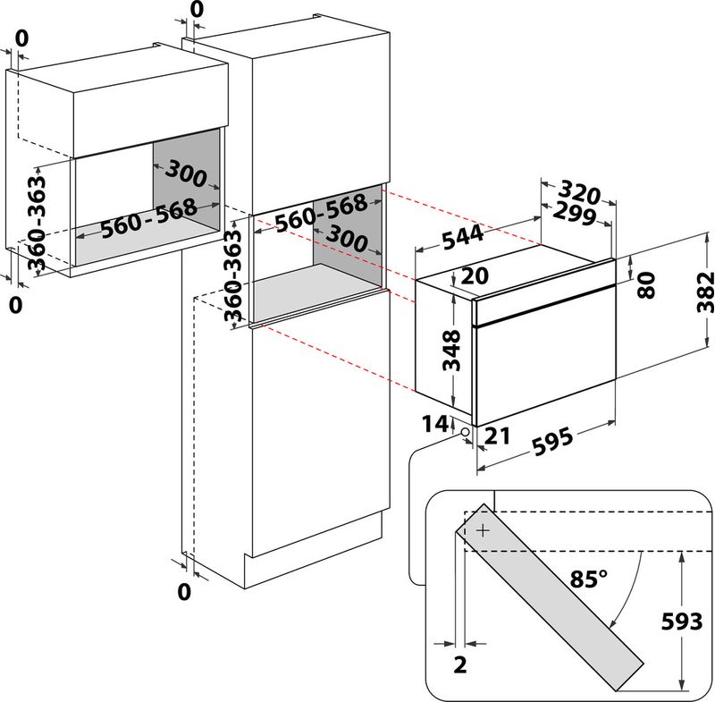 Bauknecht Mikrowelle Einbaugerät EMNK5 2438 ES Schwarz Elektronisch 22 Mikrowelle+Grill 750 Technical drawing