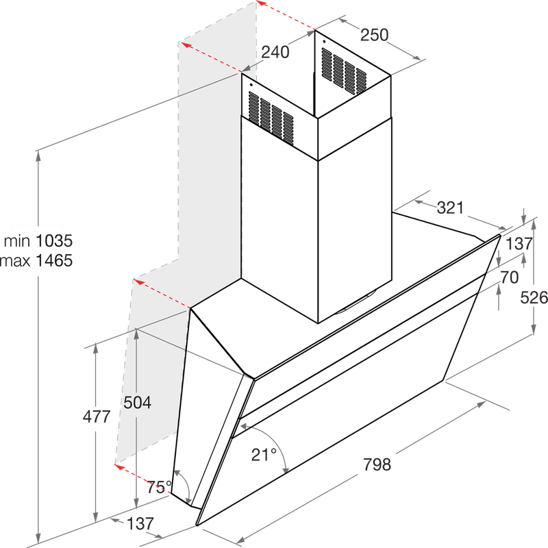 Bauknecht Dunstabzugshauben Einbaugerät DBHVS 82 LT K/2 Schwarz Wandmontage Elektronisch Technical drawing