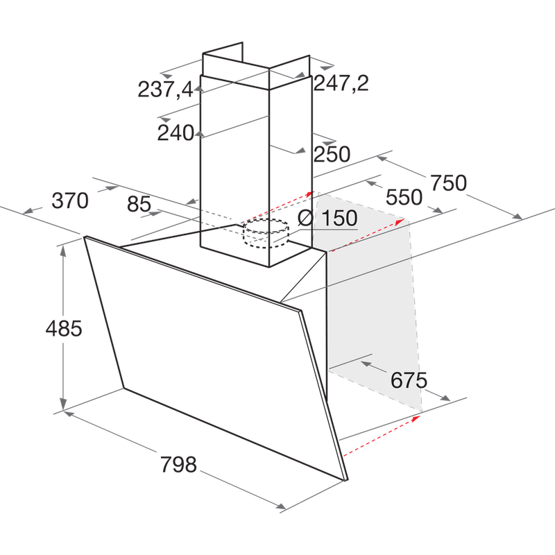 Bauknecht Dunstabzugshauben Einbaugerät DBHVS 81 LT K/2 Schwarz Wandmontage Elektronisch Technical drawing