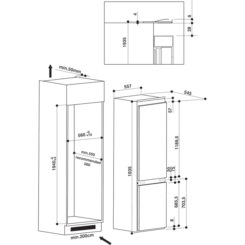 Bauknecht-Kuhl----Gefrierkombination-Einbaugerat-KGIS-20F2-P-Weiss-2-doors-Technical-drawing