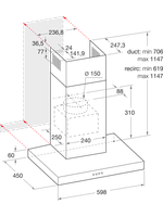 Bauknecht Dunstabzugshauben Einbaugerät RBHBS 63 LL IX Edelstahloptik Wandmontage Elektronisch Technical drawing