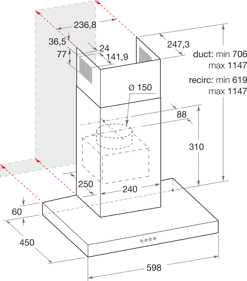 Bauknecht Dunstabzugshauben Einbaugerät RBHBS 63 LL IX Edelstahloptik Wandmontage Elektronisch Technical drawing