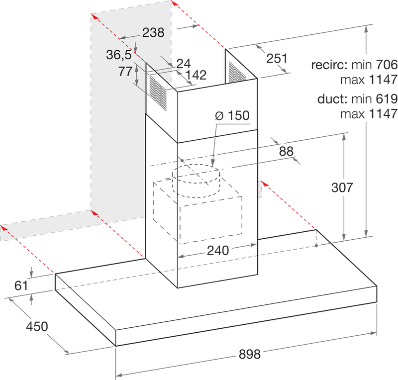 Bauknecht Dunstabzugshauben Einbaugerät RBHBS 83 LL IX Edelstahloptik Wandmontage Elektronisch Technical drawing