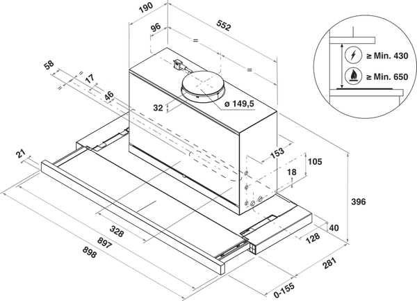 Bauknecht Dunstabzugshauben Einbaugerät RBAH 92 LT X Edelstahloptik Einbaugerät Elektronisch Technical drawing