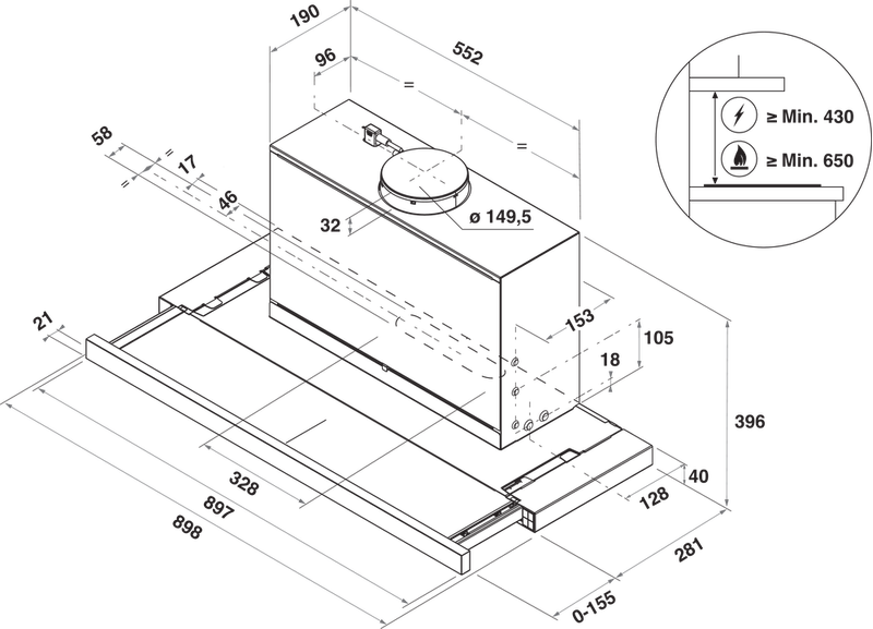 Bauknecht Dunstabzugshauben Einbaugerät RBAH 92 LT X Edelstahloptik Einbaugerät Elektronisch Technical drawing