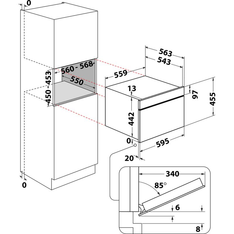 Bauknecht Mikrowelle Einbaugerät BCW7O7HTSK Schwarz Elektronisch 53 Kombinationsbetrieb mit Mikrowelle 950 Technical drawing