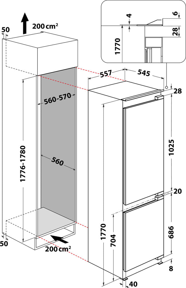 Bauknecht Kühl- / Gefrierkombination Einbaugerät BKGIL 178F12 Weiss 2 doors Technical drawing