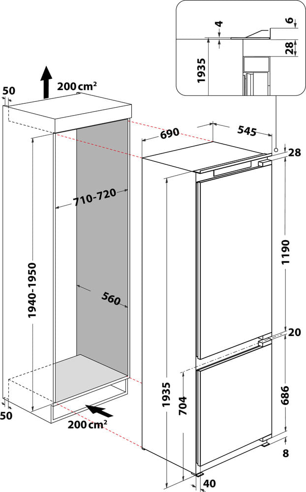 Bauknecht-Kuhl----Gefrierkombination-Einbaugerat-B70-410-2-Weiss-2-doors-Technical-drawing