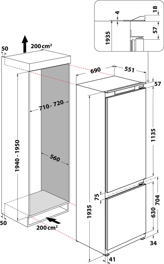 Bauknecht-Kuhl----Gefrierkombination-Einbaugerat-BNF70400S-Weiss-2-doors-Technical-drawing