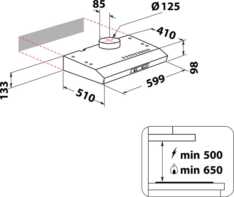 Bauknecht Dunstabzugshauben Einbaugerät DC 5460 IN/1 Edelstahloptik Wandmontage Mechanisch Technical drawing