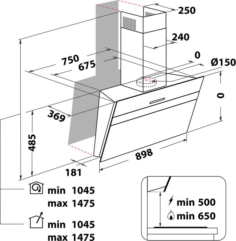 Bauknecht Dunstabzugshauben Einbaugerät BHVS 91F LT DP K Schwarz Wandmontage Elektronisch Technical drawing