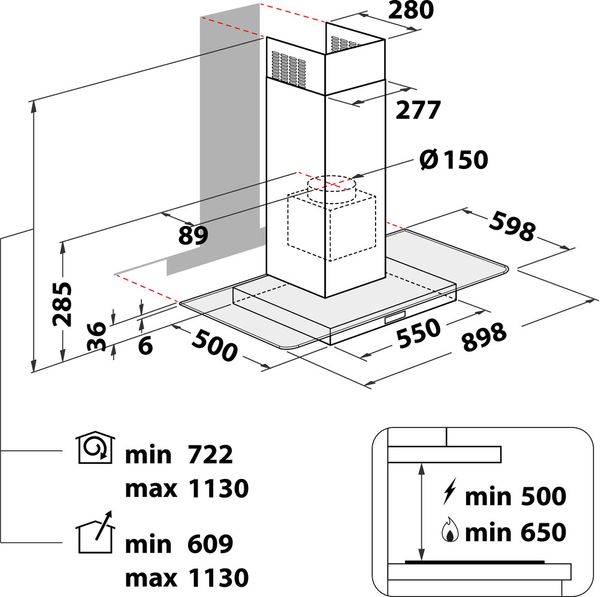 Bauknecht Dunstabzugshauben Einbaugerät DBIF 93 LB X Edelstahloptik Standgerät Elektronisch Technical drawing